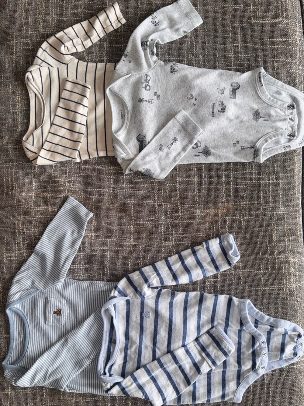 Baby Boys Long-Sleeve Bodysuit Set - Blue, Gray, Cream Stripes